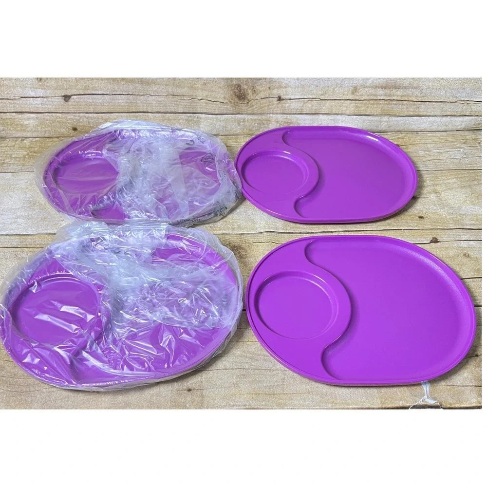Vintage Tupperware Snackatizer Plates Plum Purple Divided Tray NOS Snack Set